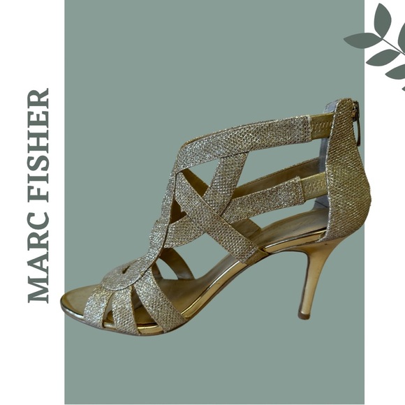 Marc Fisher Gold Glitter Strappy Heeled Sandal Size 8.5 - Picture 3 of 9